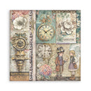 Decorative paper with vintage clock designs, floral elements, and text on a white background.