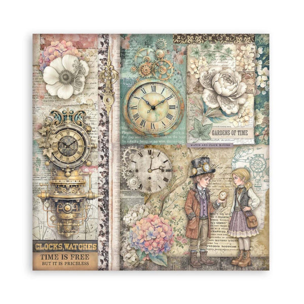 Decorative paper with vintage clock designs, floral elements, and text on a white background.