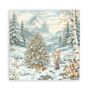 Winter scene with a child, Christmas tree, and geese in a snowy landscape.