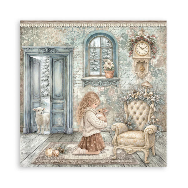 A square wall art print or canvas featuring a vintage-style illustration of a young girl kneeling in a softly decorated room, holding a rabbit. A blue door is open to the left where a white sheep stands, and a tufted armchair with floral accents sits to the right.