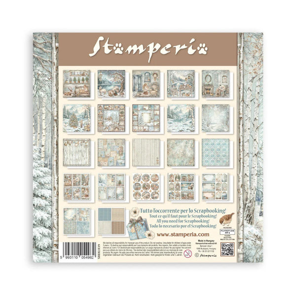 Stamperia scrapbooking paper sheet with a winter forest theme, featuring multiple patterned sheets and decorative borders on a white background.