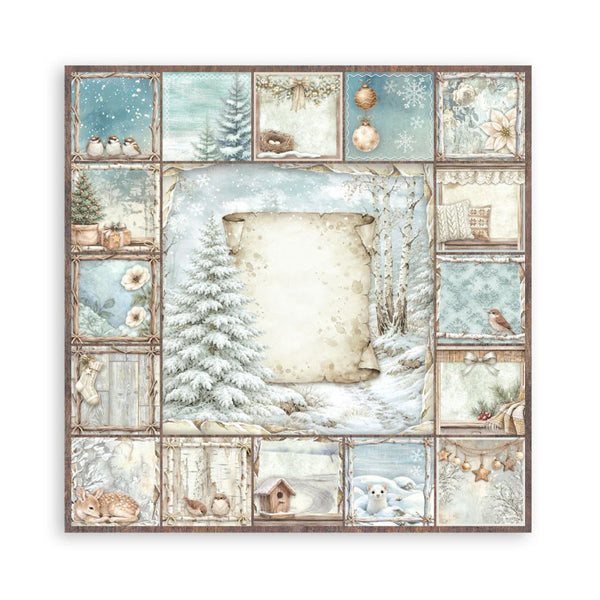 Winter-themed collage with snowy scenes, animals, and festive elements on a white background.