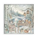 Winter scene with a table set for a meal, surrounded by snow-covered trees and lanterns.