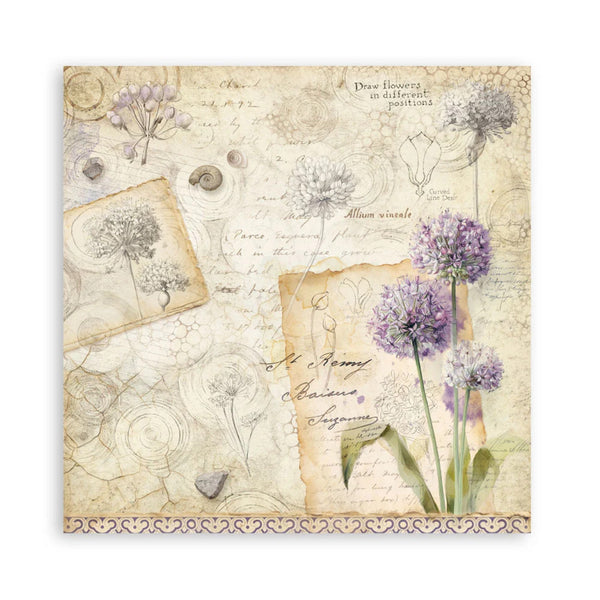 Decorative paper with floral illustrations and text on a beige background
