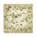 Decorative paper with green leaves, a lizard, and a ladybug on a textured background