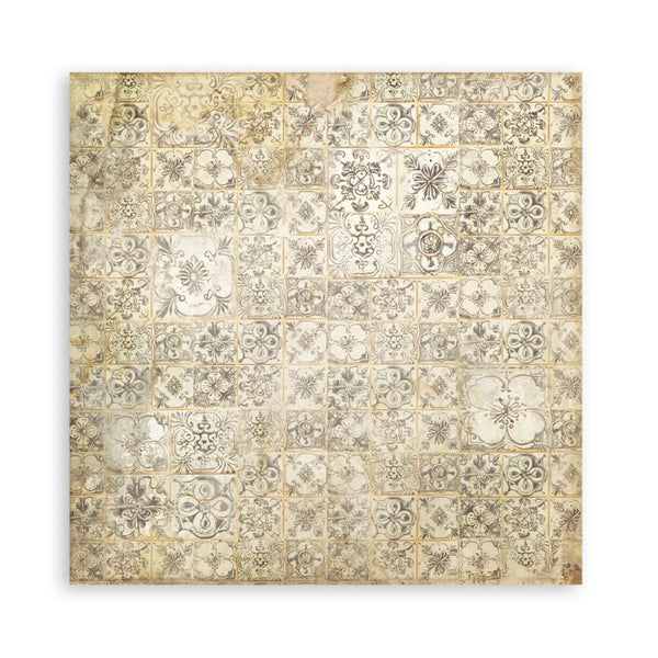 Decorative tile pattern with floral designs on a beige background