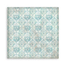 A square canvas print featuring a vintage-style damask pattern in shades of light blue, teal, and cream, displayed against a clean white background.