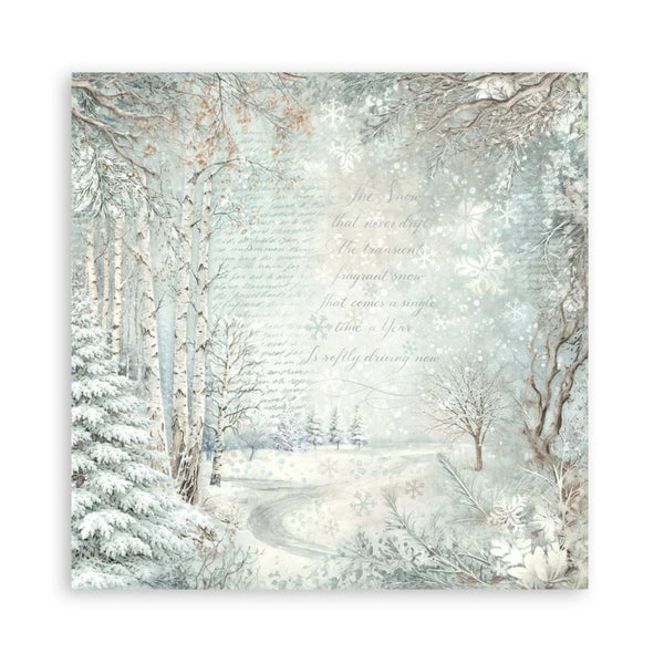 Winter forest scene with snow-covered trees and a path, featuring text overlay.