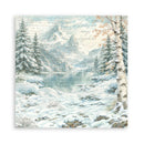 Winter landscape with snow-covered trees and mountains, featuring a quote.