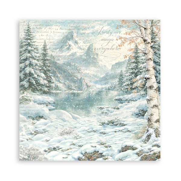 Winter landscape with snow-covered trees and mountains, featuring a quote.