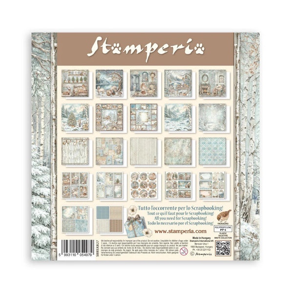 Stamperia paper pack with winter-themed designs on a white background