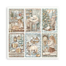 A six-panel collage of vintage-style winter illustrations with children, animals, books, lanterns, bread, and snowy houses, presented on a white background.