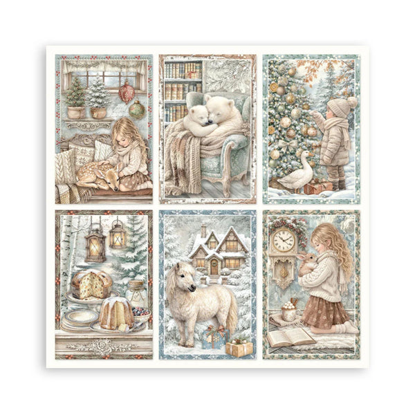 A six-panel collage of vintage-style winter illustrations with children, animals, books, lanterns, bread, and snowy houses, presented on a white background.