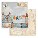 Illustration of a house with clothes on a line, a hot air balloon, and text 'The Place I Belong' on a textured background.