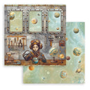 Decorative paper with space-themed design featuring planets, tools, and a character in goggles.