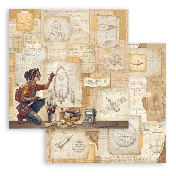 Collage of a person drawing a rocket with scientific drawings and equipment on a white background