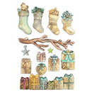Decorative Christmas elements including stockings and gift boxes on a white background