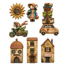 A set of six vintage-style decorative figurines and ornaments featuring whimsical mouse-themed scenes, including a sunburst with the words 'Cozy Family,' a mouse in a hat and coat holding a basket, a mouse riding a scooter, a stack of luggage on a car, and three small houses, all shown on a plain white background.