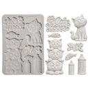A white silicone baking mold set featuring various cat-themed designs, including a large rectangular mold with cat shapes, small standalone cat and fishbone molds, and two spray-can-shaped molds labeled 'Funny Friends' and 'Baking Baking'.