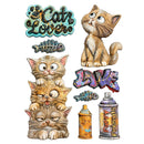 A set of cat-themed decorative stickers or decals on a plain white background, including illustrated kittens, fish bones, graffiti-style 'LOVE' lettering, and spray-can graphics.
