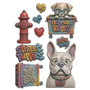 A set of decorative die-cut stickers featuring a red fire hydrant, a French bulldog with a 'WOOF' collar, a puppy in a dumpster with 'no MORE RULES' text, a speech bubble reading 'BOW WOOF', a 'street puppies' sign, and a dumpster with a dog inside, all on a plain white background.