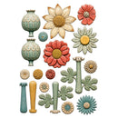 A set of decorative vintage-style floral and botanical wall decals or ornaments arranged on a plain white background. The pieces include flower heads, vase-like forms, leaves, and textured botanical shapes in muted teal, sage green, coral red, cream, and mustard tones.