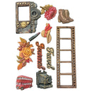 A set of vintage-style decorative stickers or decals on a plain white background, including a camera frame, floral elements, cowboy boots, a film strip, a double-decker bus, a camera, a hat, a bullet, and script text reading 'Grand Journal'.