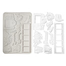 A white silicone mold set with various decorative and vintage-inspired shapes, including cameras, film reels, flowers, boots, and retro vehicles, displayed on a clean white background.