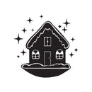 A black silhouette illustration of a small house with stars around it, centered on a plain white background.