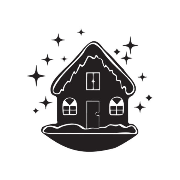 A black silhouette illustration of a small house with stars around it, centered on a plain white background.