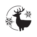 Black silhouette of a deer with snowflakes on a white background