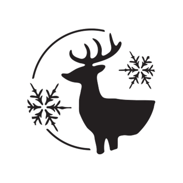 Black silhouette of a deer with snowflakes on a white background