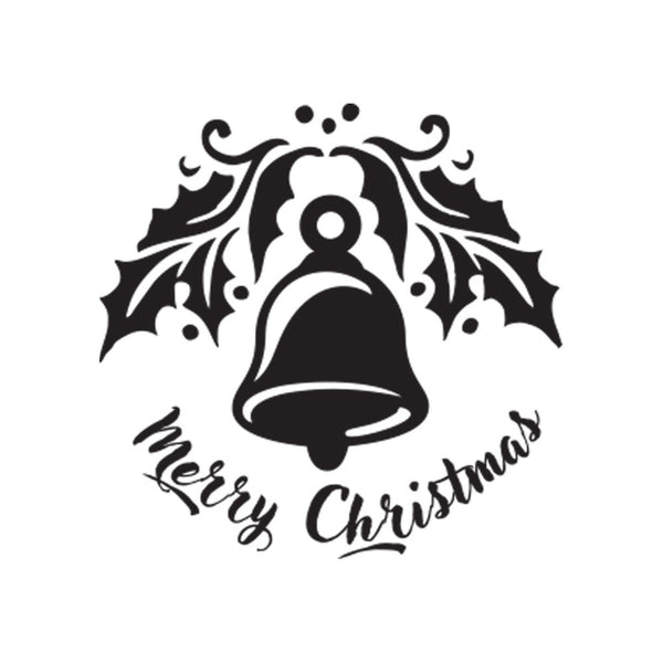 Black bell and holly leaf design with 'Merry Christmas' text on a white background