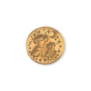 A round gold-toned coin or medallion featuring an embossed figure beside a crescent moon and stars, shown on a plain white background.