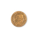 A round, gold-toned metal button featuring an embossed cartoon lion sitting in a seat, surrounded by small hearts and decorative patterns.