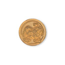 A round gold-colored button featuring an embossed design of two lions facing each other, set against a plain white background.