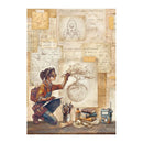 Illustration of a person in a workshop with drawings and tools on a white background