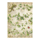 Decorative paper with a green lizard and ladybug on a leafy branch design.
