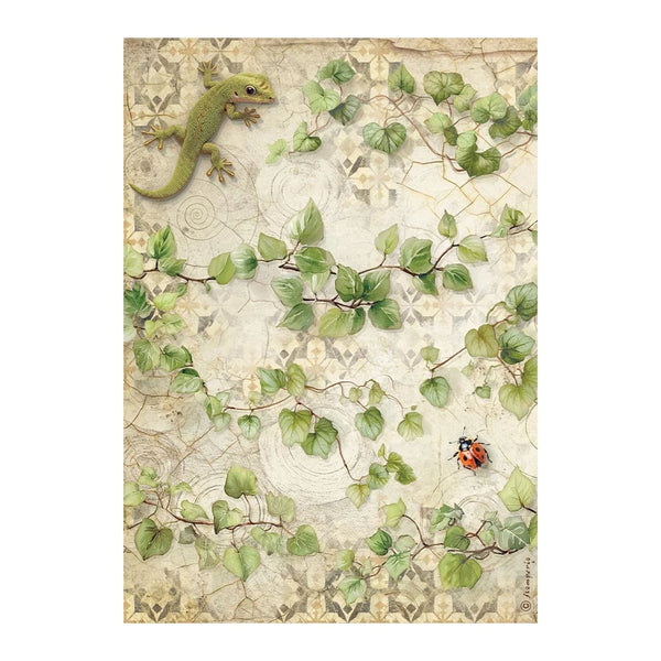 Decorative paper with a green lizard and ladybug on a leafy branch design.