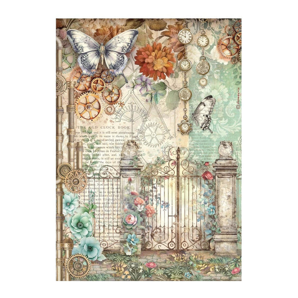 Decorative paper with butterflies, flowers, and mechanical elements on a white background