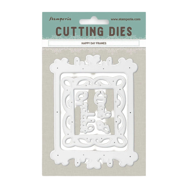 White decorative cutting die with 'Happy Day Frames' on a beige background, featuring Stamperia branding.