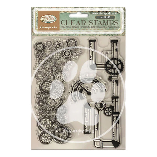 Packaged clear stamps with gears and clock design on a white background