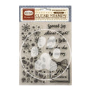 Silent Night Clear Stamps by Impression, featuring holiday-themed black ink stamps including snowflakes, pinecones, a bow, and festive phrases on a clear plastic sheet with a patterned header card.