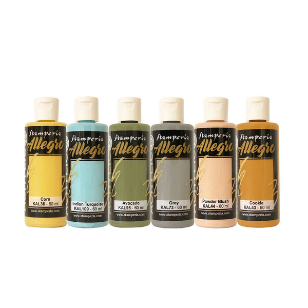 Set of six Stamperia Allegro acrylic paint bottles in various colors on a white background