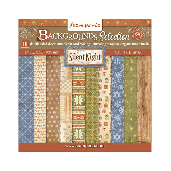 Stamperia Backgrounds Selection 'Silent Night' double-sided scrapbooking paper pack, featuring 10 different patterned paper sheets with autumn and winter themes, shown in its retail packaging.