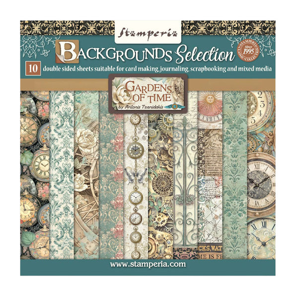 Stamperia 'Gardens of Time' paper pack with decorative patterns and text on a teal background
