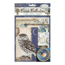 Stamperia Cards Collection by Cosmos scrapbooking paper set featuring an owl illustration and celestial space-themed papers, in its original retail packaging.