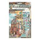 A package of Stamperra 'Cards Collection' scrapbooking paper featuring a whimsical collage of a brick building, cats, graffiti, clouds, and the word 'LOVE'.