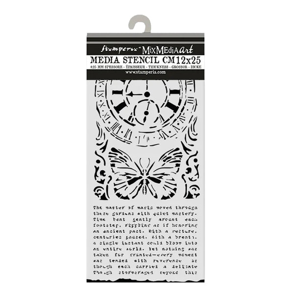 Stamperia Media Stencil with butterfly and clock design on packaging