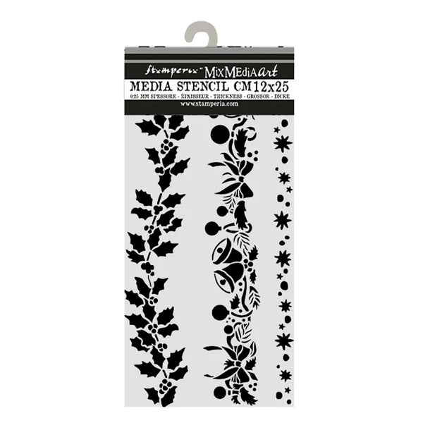 A hanging card displaying a set of black media stencils, including holly leaves, floral motifs, berries, and stars, with the brand name Stampery by Media Art visible at the top.